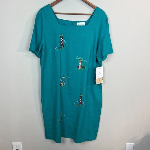 Country Concepts‎ Dress Large Teal Green Linen Cotton Midi Shift Lighthouse New - Picture 12 of 12
